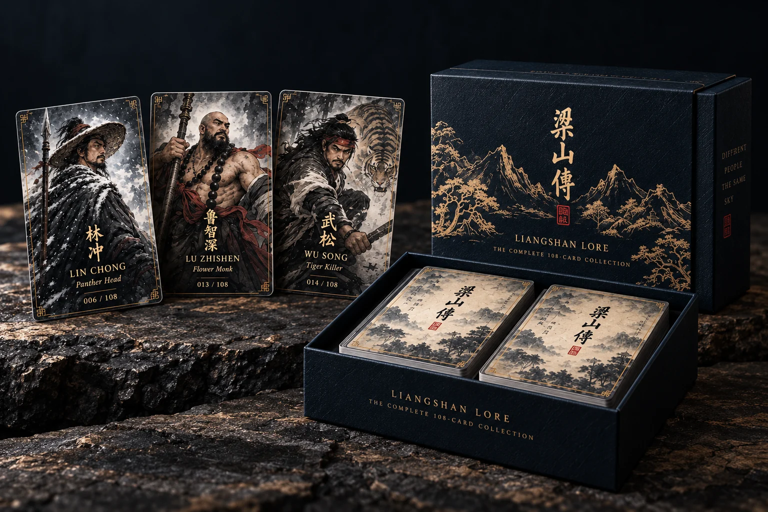 Boxed collection concept with Lin Chong, Lu Zhishen, and Wu Song sample cards and two stacks of cards