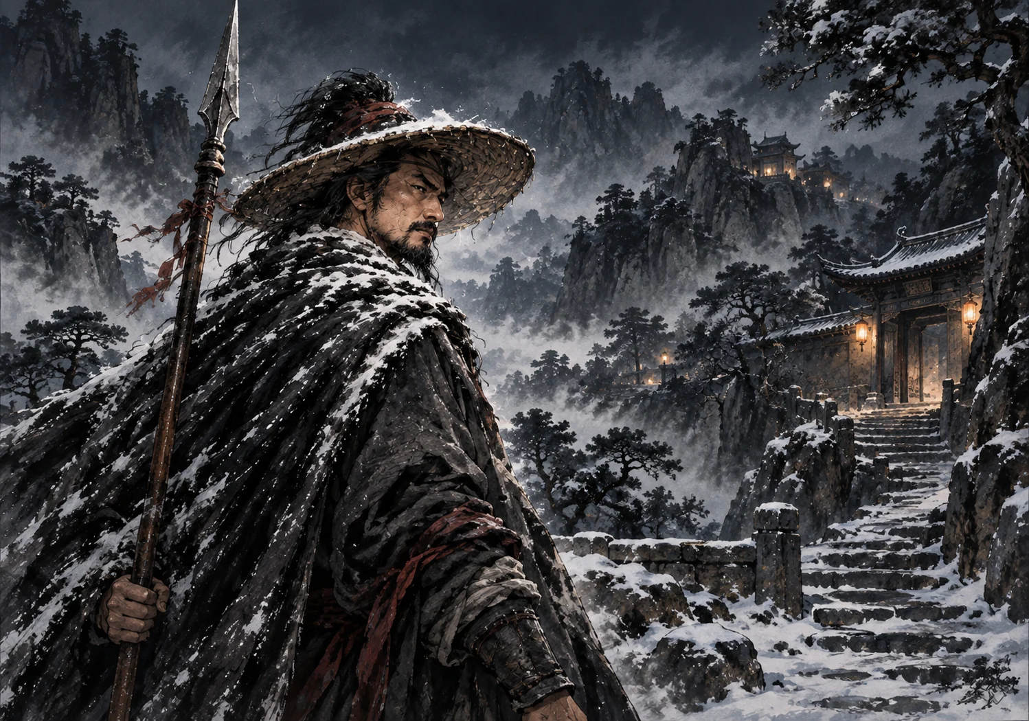 Lin Chong on a snow-covered road, carrying his spear